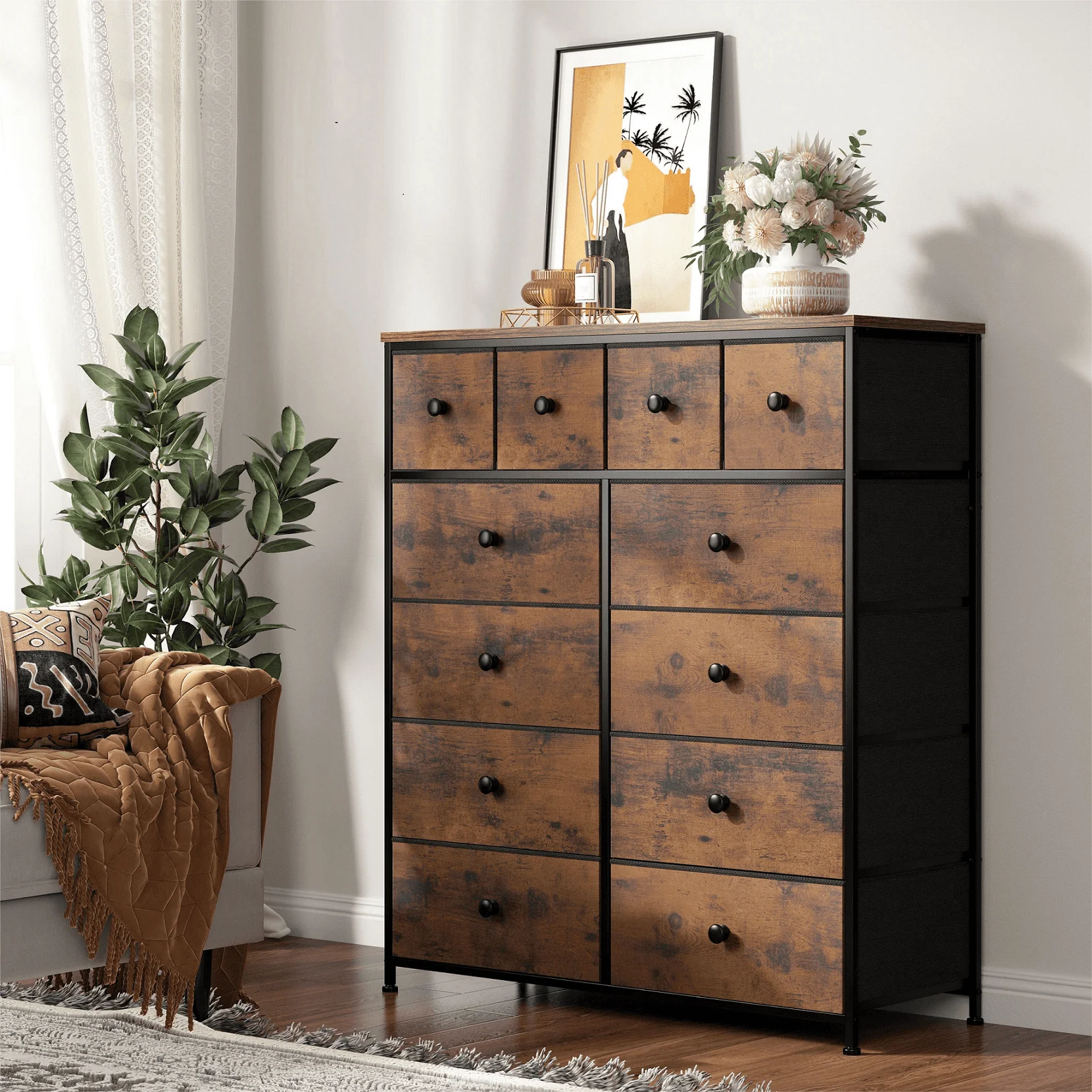 EnHomee Dressers for Bedroom Dresser with 12 Fabric Drawers,Bedroom Furniture Large Dressers&Chests of Drawers with Wood Top Metal Frame, 8+4Drawers Rustic Brown