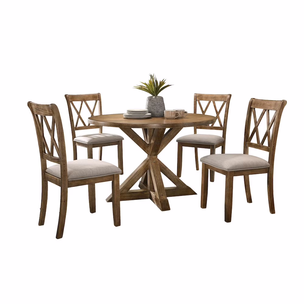 Roundhill Furniture Windvale 5-Piece Dining Set, Cross-Buck Round Table with 4 Stylish Chairs, Oak
