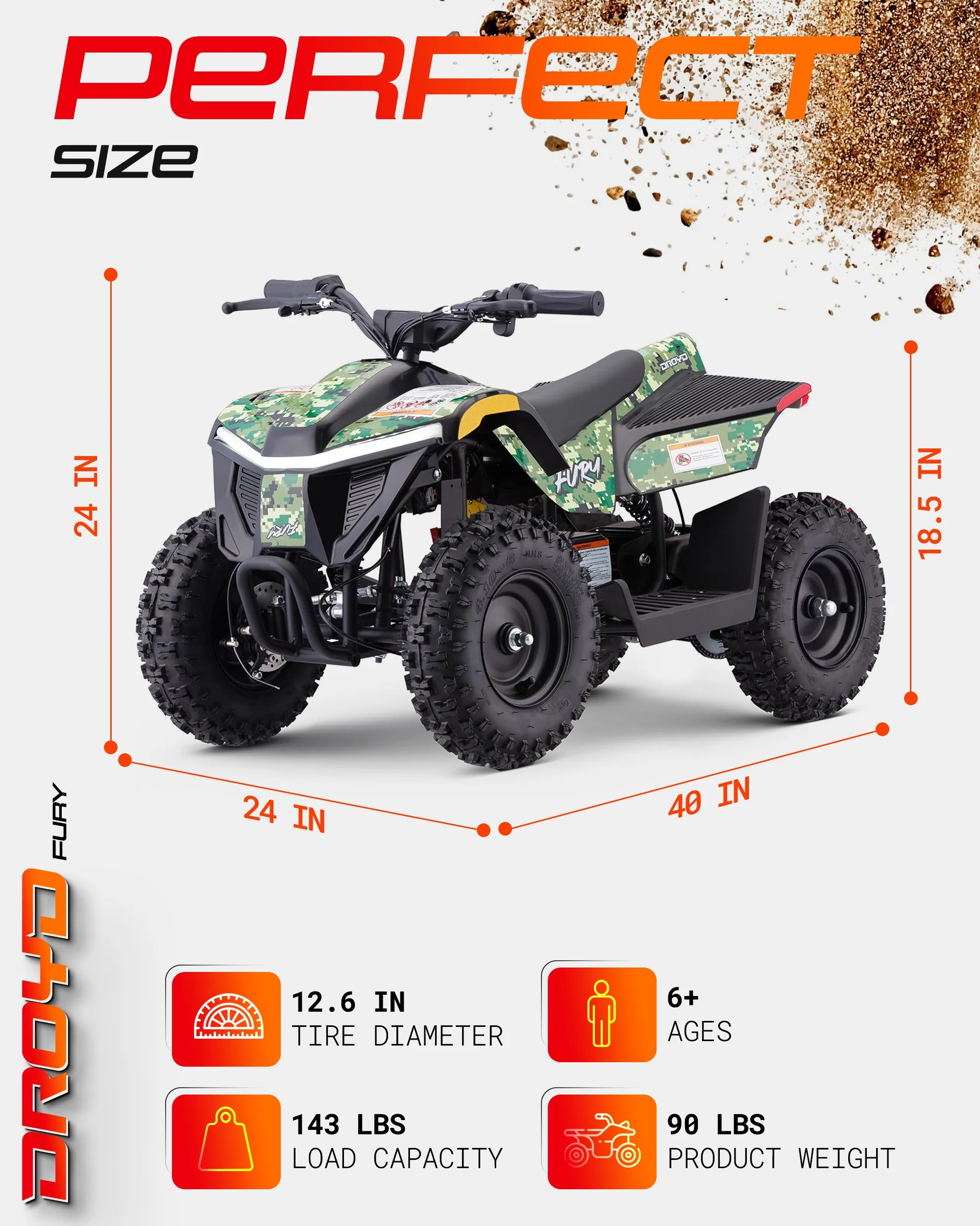 Droyd Fury Electric Youth ATV, 36V 500W Brushless Motor, Dual Suspension, Max Speed 15 mph, Offroad