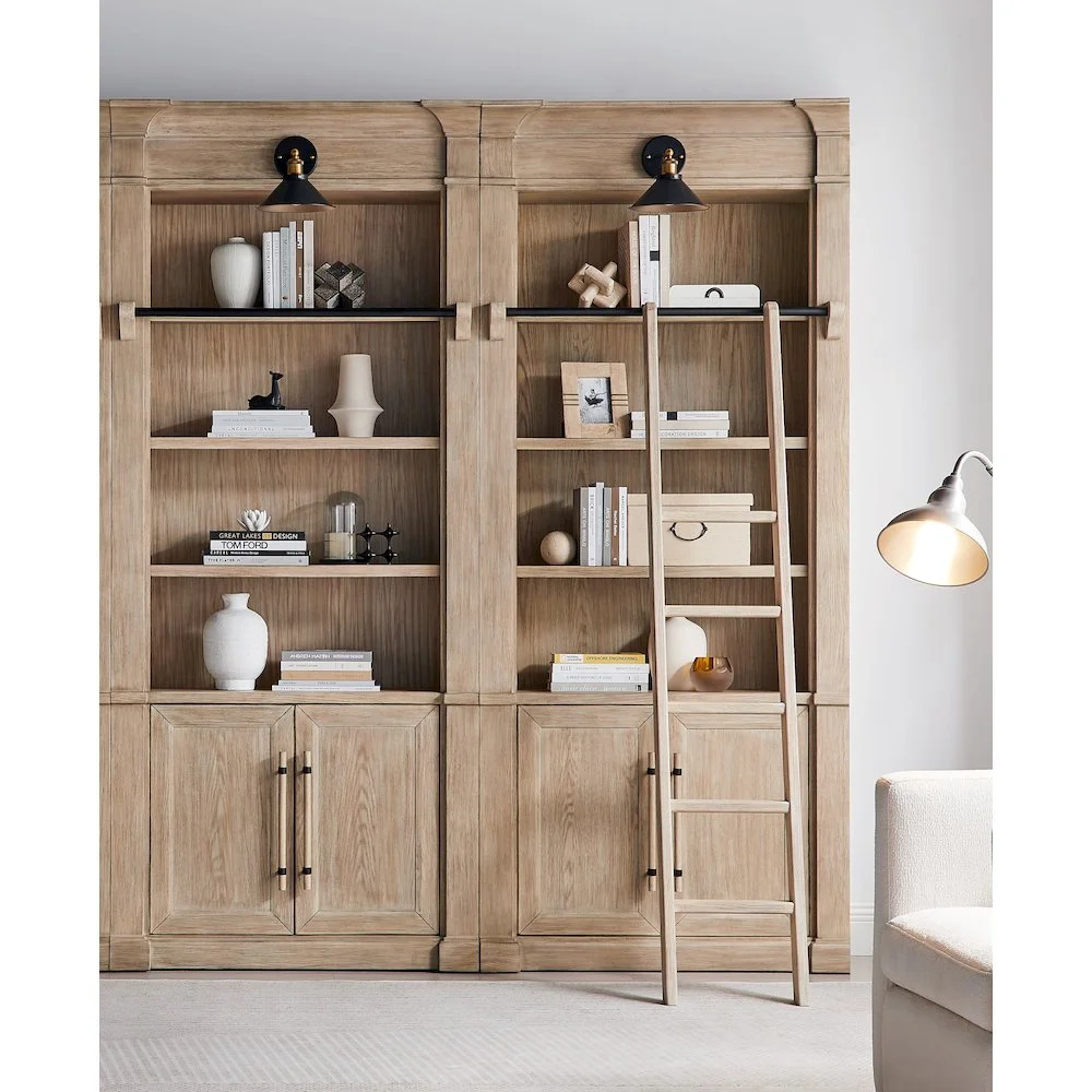 Martin Furniture Two 8' Tall Bookcase Wall With Ladder, Storage Organizer, Display Shelf, Brown